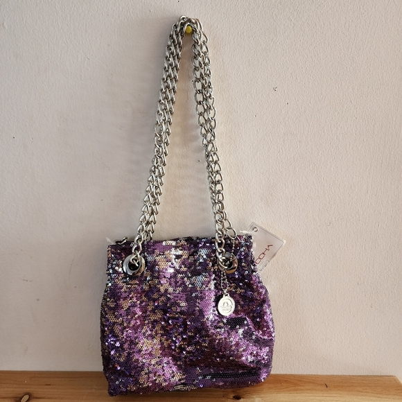 BIG BUDDHA Metallic Purple Silver Sequin Silver Chain Straps Slouchy Hobo Bag - Picture 2 of 13